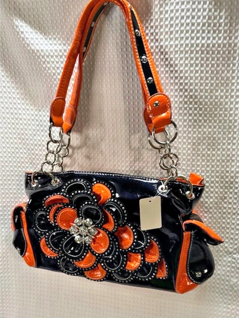 Floral Patent Shoulder Bag in Black & Orange